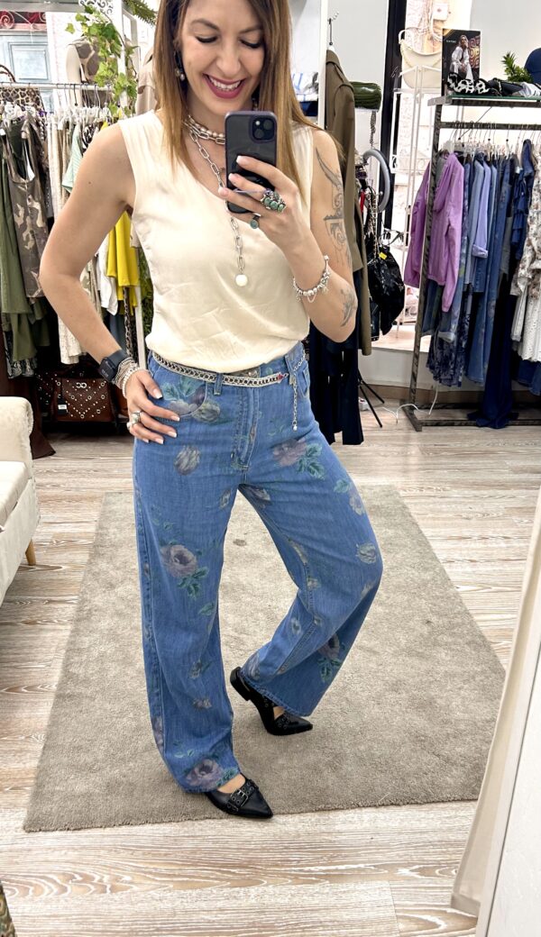 Jeans chambrie fiorato wide leg - immagine 2