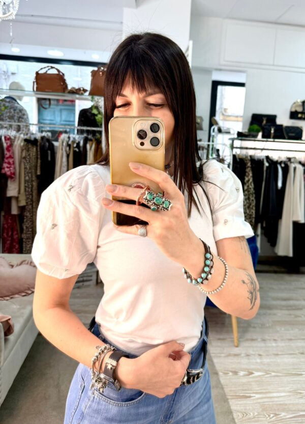 T-shirt manica a sbuffo con strass