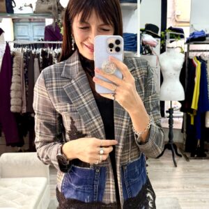 Susy mix blazer check e patch in denim e pizzo