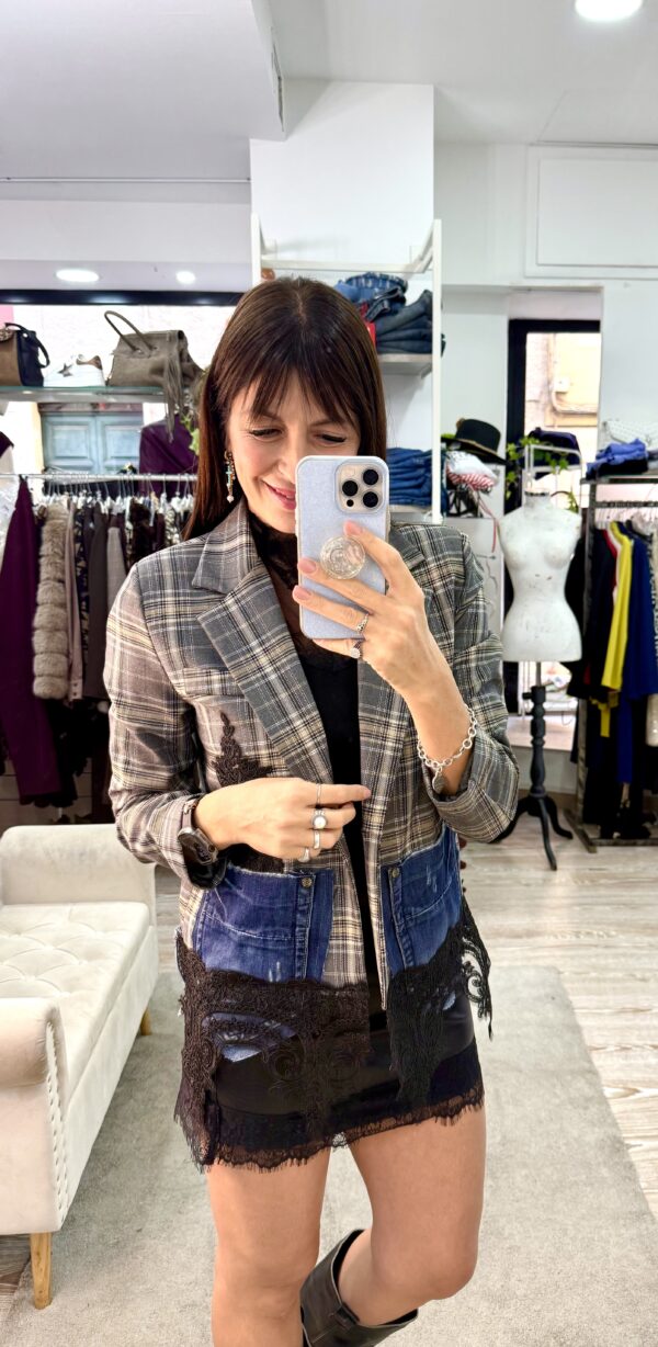 Susy mix blazer check e patch in denim e pizzo