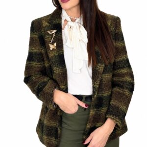 Blazer cappotto con spille e fantasia check