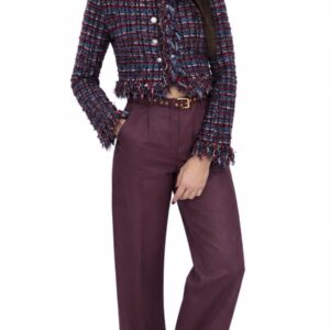 Blazer cropped in tweed multicolor con frange e bottoni gioiello